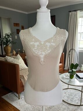 Free People New Romantics Crochet Open Back Tank Top Sz XS Beige Fairy Boho